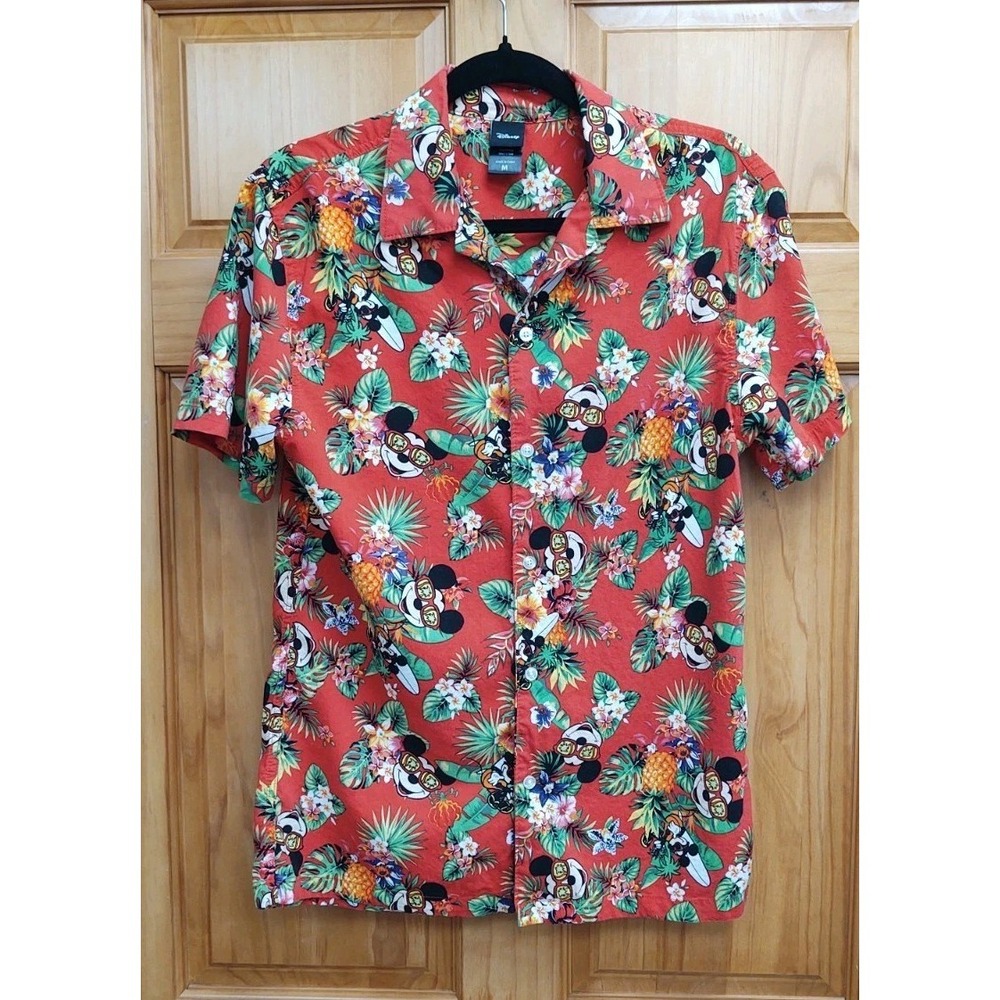 Disney Mickey Minnie Hawaiian Red Button Down Mouse Aloha Summer Shirt Size M